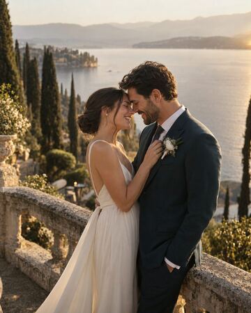 A couple on a terrace at golden hour