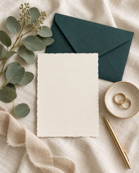 Wedding stationery laid out on a table