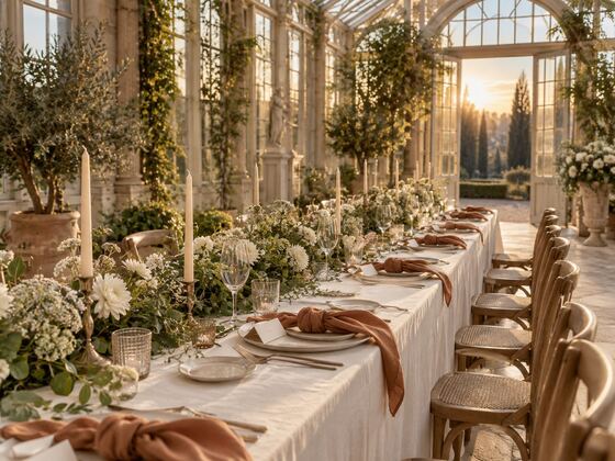 A long dinner table set for a wedding reception